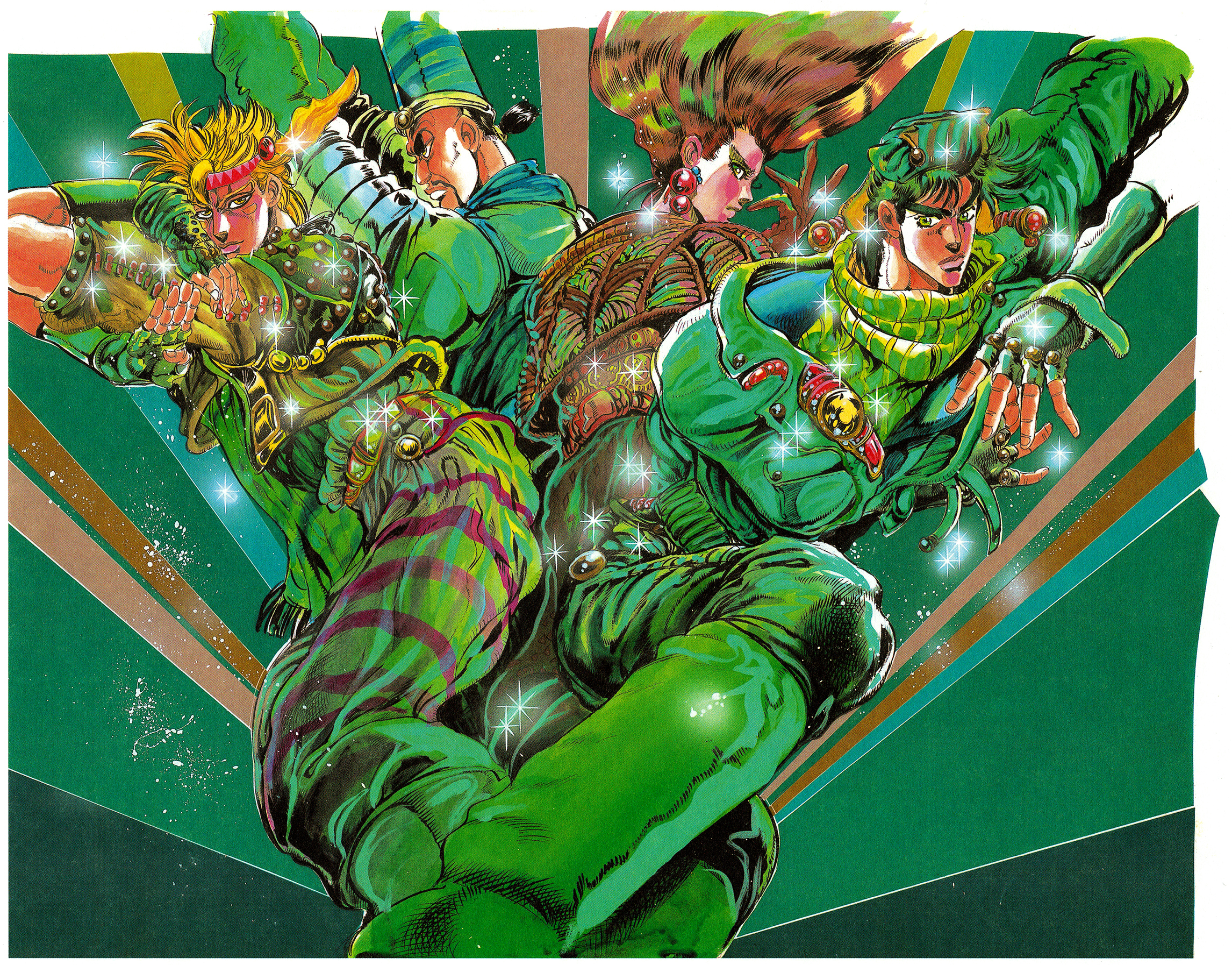 Joseph Joestar, Caesar Zeppeli, Lisa Lisa, and Messina from JoJo's Bizarre Adventure part 2